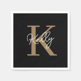Modern Black Gold Monogram Script Serviette
