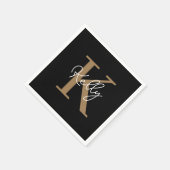 Modern Black Gold Monogram Script Serviette (Ecke)