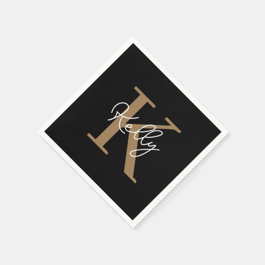 Modern Black Gold Monogram Script Serviette (Ecke)