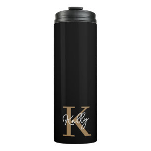 Modern Black Gold Monogram Script Thermosbecher