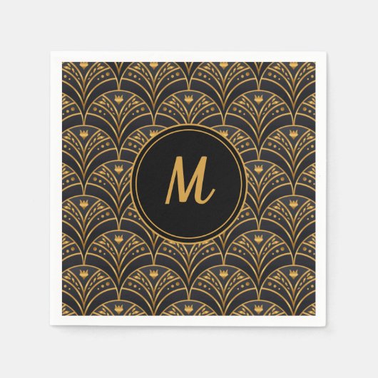 Modern Black Gold Muster Art Deco Monogram Serviette (Vorderseite)