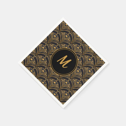 Modern Black Gold Muster Art Deco Monogram Serviette (Ecke)