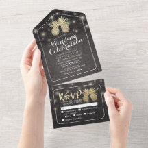 Modern Black & Gold Pineapples Couple Wedding RSVP