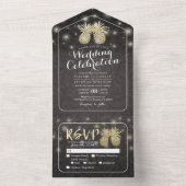 Modern Black & Gold Pineapples Couple Wedding RSVP All In One Einladung (Innen Boden)