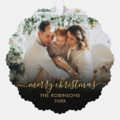 Modern Black Gold Script 2 Family Foto Weihnachten Ornament Karte (Vorderseite)