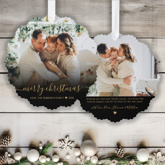 Modern Black Gold Script 2 Foto Weihnachten Ornament Karte