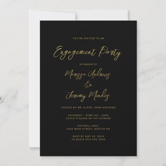 Modern Black Gold Script Engagement Party Einladung (Vorderseite)