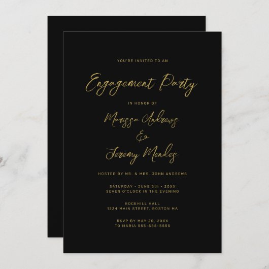 Modern Black Gold Script Engagement Party Einladung (Vorne/Hinten)