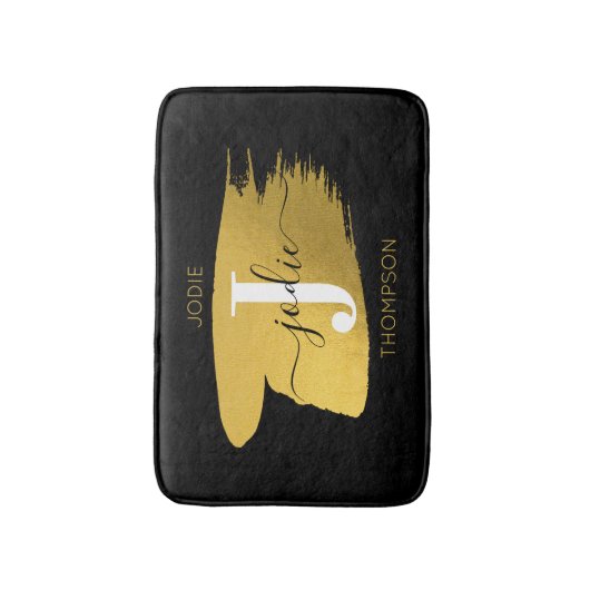 Modern Black & Gold Script Monogram Badematte (Vorderseite Vertikal)
