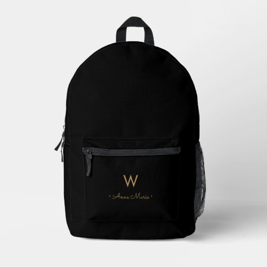 Modern Black Gold Script Monogram Bedruckter Rucksack (Vorderseite)