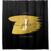 Modern Black & Gold Script Monogram Duschvorhang (Vorderseite)