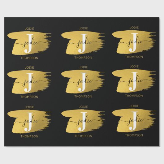 Modern Black & Gold Script Monogram Geschenkpapier (Flach)