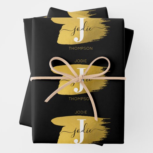 Modern Black & Gold Script Monogram Geschenkpapier Set (Beispiel)
