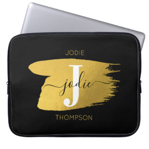 Modern Black & Gold Script Monogram Laptopschutzhülle