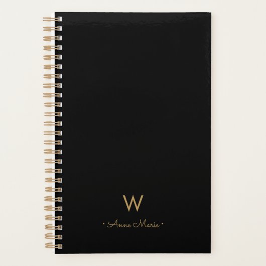 Modern Black Gold Script Monogram Planer (Vorderseite)
