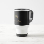 Modern Black Gold Script Monogram Reisebecher (VorderseiteRechts)