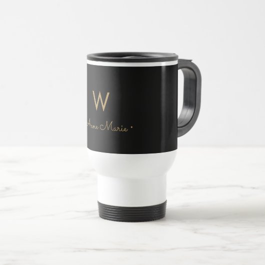 Modern Black Gold Script Monogram Reisebecher (VorderseiteRechts)