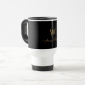 Modern Black Gold Script Monogram Reisebecher (Vorderseite Links)