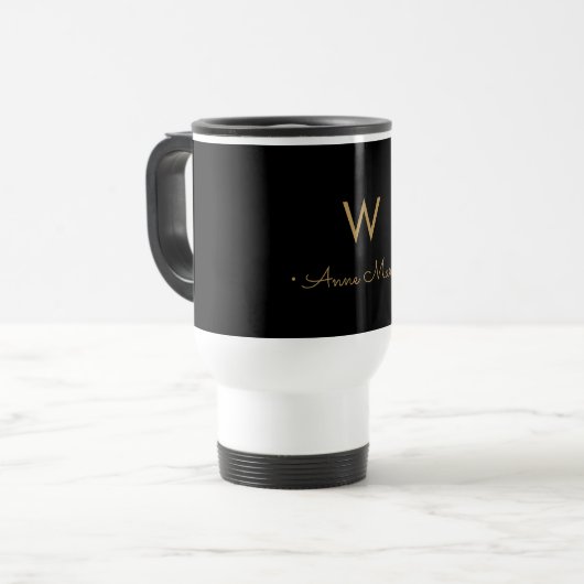 Modern Black Gold Script Monogram Reisebecher (Vorderseite Links)