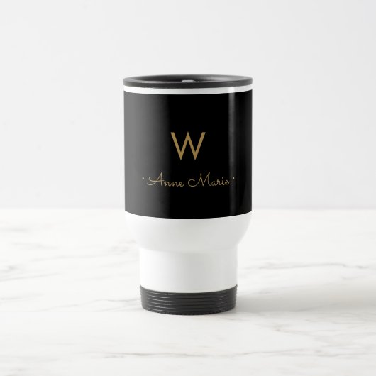 Modern Black Gold Script Monogram Reisebecher (Mittel)