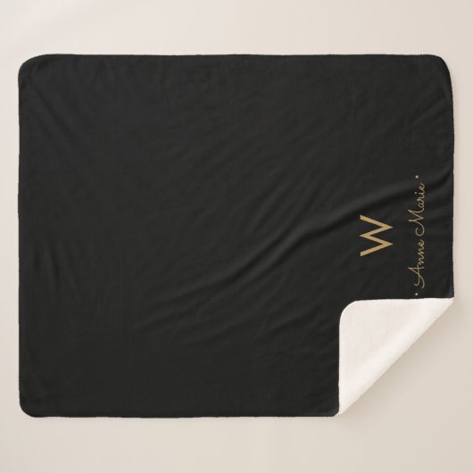 Modern Black Gold Script Monogram Sherpadecke (Vorderseite (Horizontal))