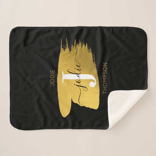 Modern Black & Gold Script Monogram Sherpadecke (Vorderseite (Horizontal))