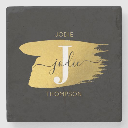 Modern Black & Gold Script Monogram Steinuntersetzer (Vorderseite)