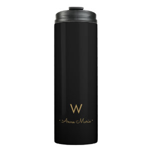 Modern Black Gold Script Monogram Thermosbecher