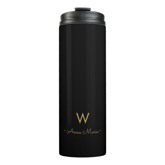 Modern Black Gold Script Monogram Thermosbecher (Vorderseite)