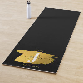 Modern Black & Gold Script Monogram Yogamatte