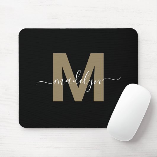 Modern Black Gold Script Name Initial Monogram Mousepad (Mit Mouse)