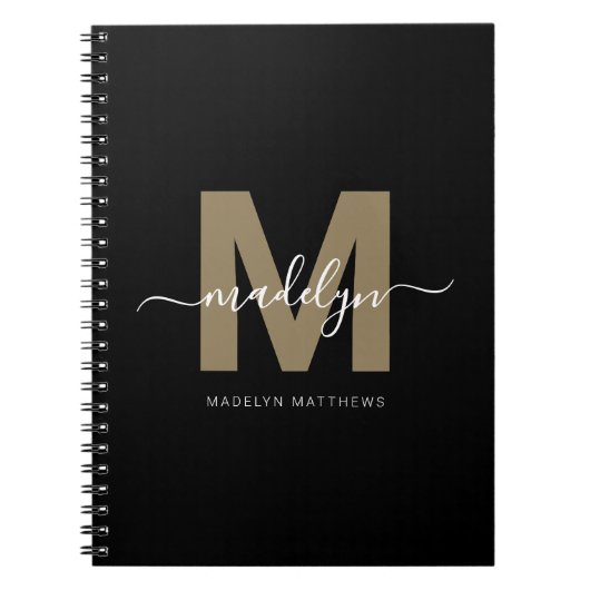 Modern Black Gold Script Name Initial Monogram Notizblock (Vorderseite)