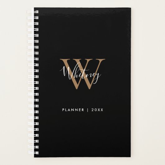 Modern Black Gold Script Name Monogram 2023 Planer (Vorderseite)