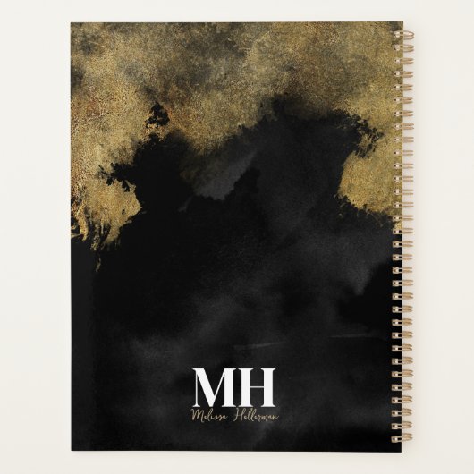 Modern Black Gold Script Name Monogram Planer (Rückseite)