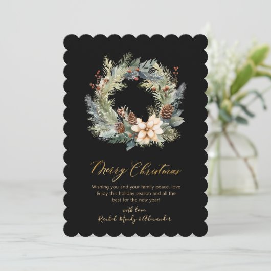 Modern Black Gold Script Wreath Grüne Weihnachten (Stehend Vorderseite)
