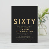 Modern Black Gold Sixty 60th Birthday Party Einladung (Stehend Vorderseite)
