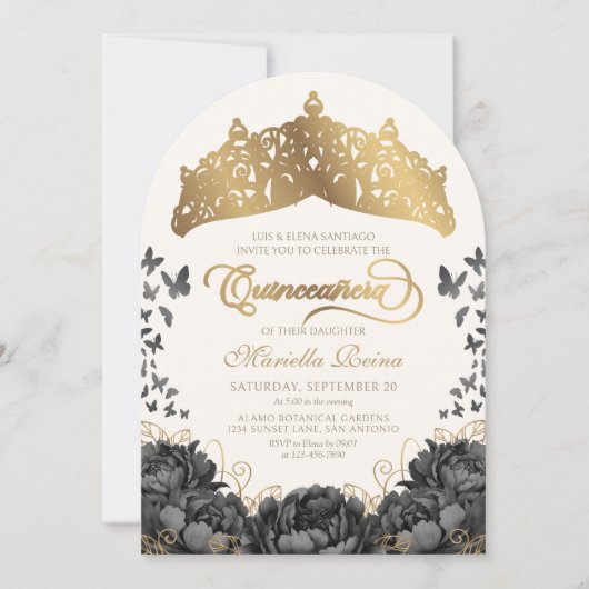 Modern Black Gold Tiara Crown Quinceanera Einladung (Vorderseite)