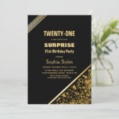 Modern Black Gold Überraschung 21. Geburtstag Part Einladung (Stehend Vorderseite)