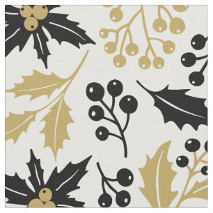 Modern Black Gold Weihnachts-Holly-Berries-Muster Stoff