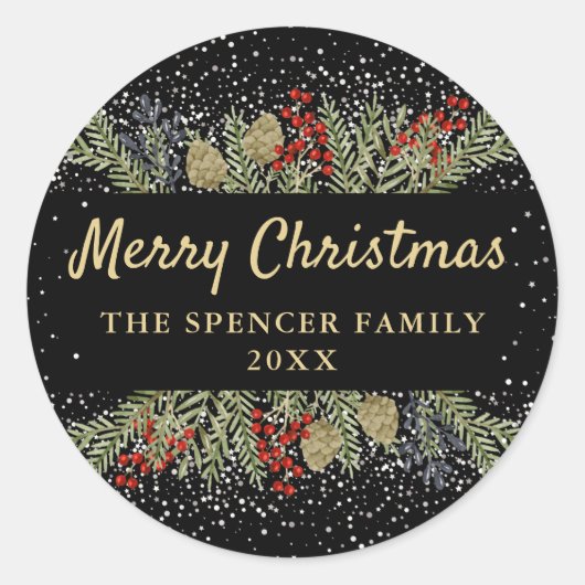 Modern Black Gold Winter Holly Berries Weihnachten Runder Aufkleber (Vorderseite)