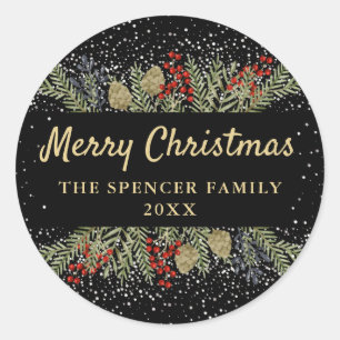 Modern Black Gold Winter Holly Berries Weihnachten Runder Aufkleber