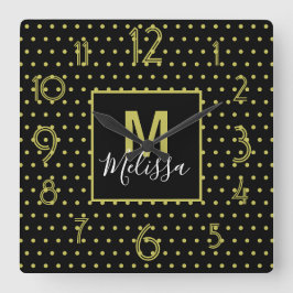 Modern Black Golden Circle Pattern Monogram Quadratische Wanduhr