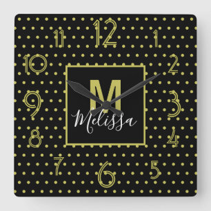 Modern Black Golden Circle Pattern Monogram Quadratische Wanduhr