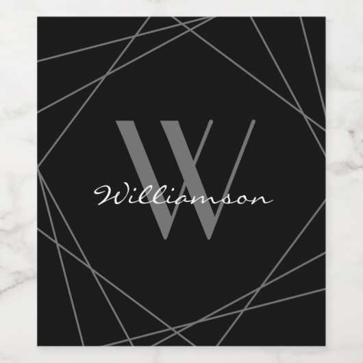 Modern Black Gray Monogram Name Script geometrisch Weinetikett (Einzelnes Label)