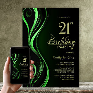 Modern Black Green 21. Geburtstag Party Einladung