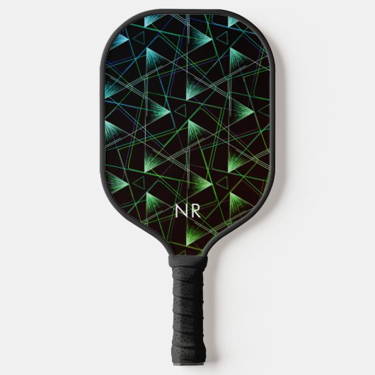 Modern Black Green Blue Cool Abstrakt Mit Monogram Pickleball Schläger (Vorderseite)