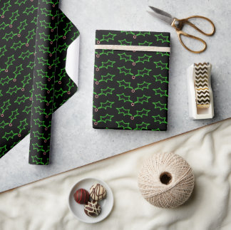 Modern Black Green Xmas Dark Holly Muster Geschenkpapier