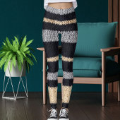Modern Black Grey Beige Knit Stripe Pattern Yoga Leggings