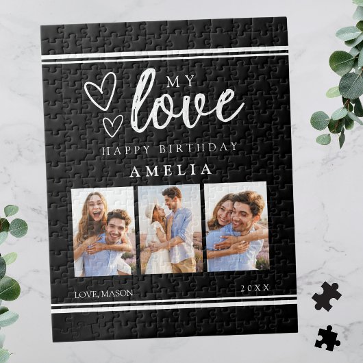 Modern Black Happy Birthday Photo Collage Puzzle