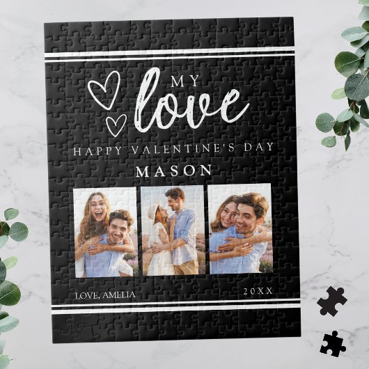 Modern Black Happy Valentine's Photo Collage Puzzle